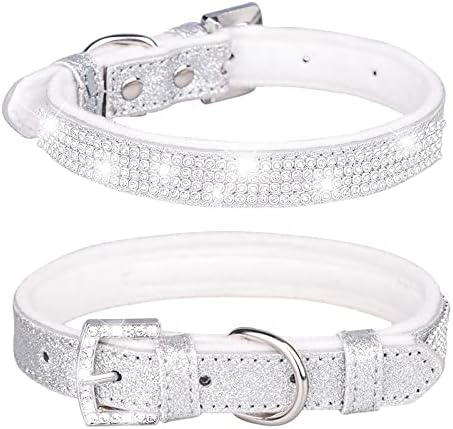Cute Rhinestone Dog Collar, Dazzling Sparkling Leather Collar for Dogs and Cats, Crystal Diamond (S:21-27cm, Silver)