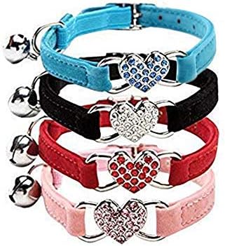 CHUKCHI Pink Soft Velvet Safe Cat Adjustable Collar with Crystal Heart Charm, 8-11 Inches