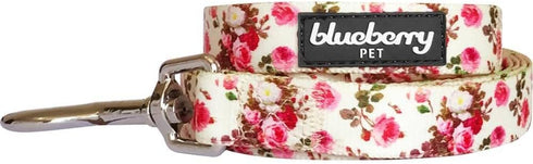 Blueberry Pet 5 ft x 3/4" Durable Pink Rose Print Ivory Dog Leash - 9 Patterns, Medium