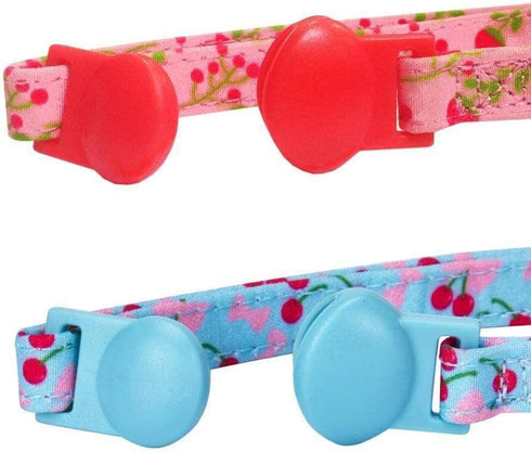 Blueberry Pet Pack of 2 Adjustable Breakaway Cat Collars, Lovely Cherry and Floral Prints with Flower & Bell, Neck