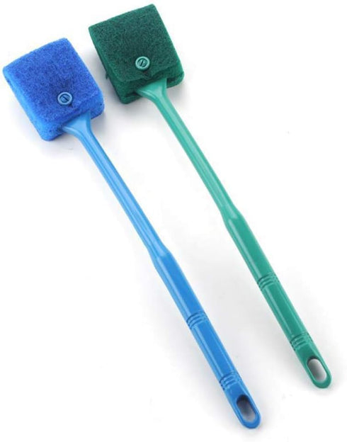 2 Pieces Aquarium Cleaning Brush - Double-Sided Sponge Brush with Long Handle for Aquariums (Blue, Green)