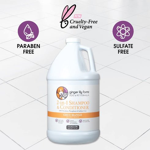 2-in-1 100% 1 (128 oz) Ginger Lily Farms Dog & Pet Formula Shampoo & Conditioner, Vegan & Cruelty-Free, Coco Mango