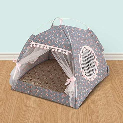Grey Pet Dog & Cat Tent - Summer Cooling Dog House Kennel with Removable Washable Cushion Pillow, Portable Folding