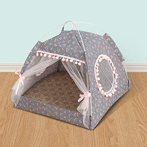 Grey Pet Dog & Cat Tent - Summer Cooling Dog House Kennel with Removable Washable Cushion Pillow, Portable Folding