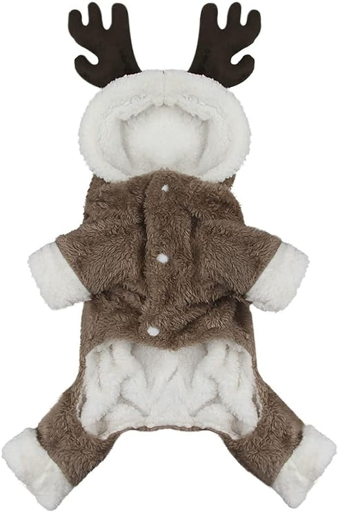 Cute Christmas Pet Costume Elk Reindeer Cosplay - Soft Warm Coral Fleece Pet Hoodie Jacket for Small Medium Dogs