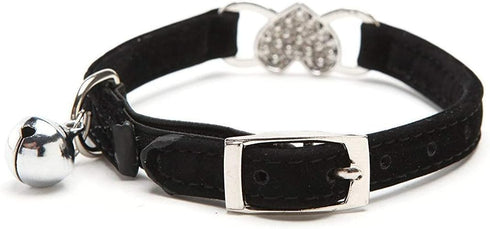 CHUKCHI Pink Soft Velvet Adjustable Cat Collar with Crystal Heart Charm and Bells, 8-11 Inches (Black+Pink)