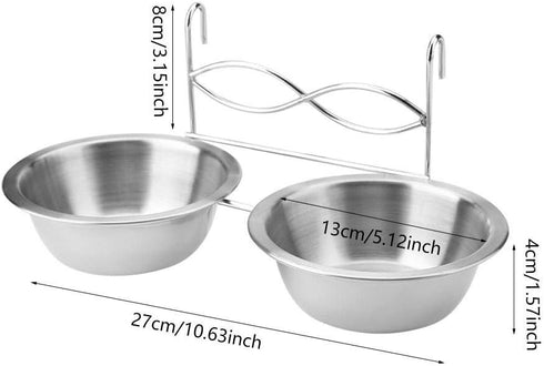 Stainless Steel Double Hanging Pet Feeding Station with Hook, Water and Food Bowls for Small Dogs and Cats