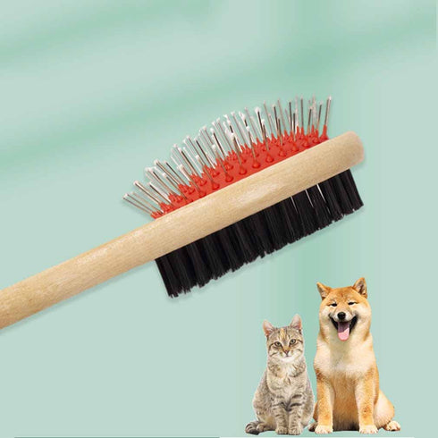 Wooden Dog Brush Double Sided, Pet Hair Grooming Brush for Dogs & Cats, Pin and Bristle Soft Brush for Cleaning