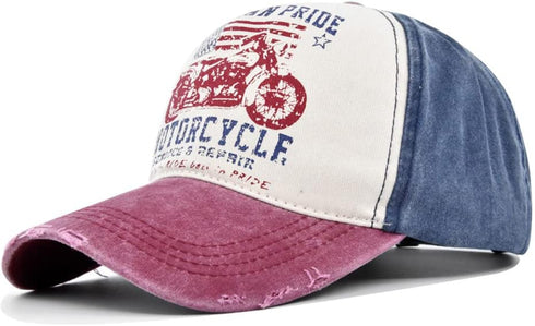 Vintage Baseball Cap, Washed Denim Trucker Cap, Motorcycle Print Pattern Outdoor Sun Hat