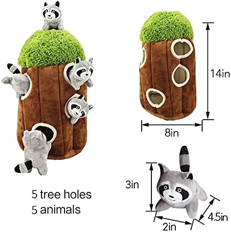 5-Pack Glow Pups Dog Puzzle Plush Toy Tree with Squeaky Raccoons, Interactive Hide and Seek Fun, Promotes Mental