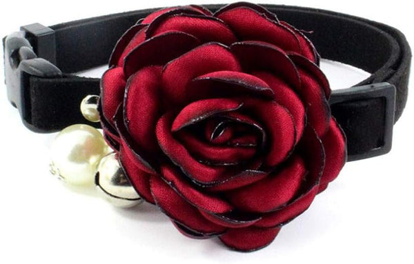 Everflowering Rose Flower Cat Dog Collar Bow Tie, Suede Puppy Necklace with Bell, Adjustable Handmade (Red, Size XS)