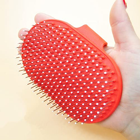 Pet Rubber Grooming Brush, Bath Brush Massager with Adjustable Loop Handle and Stainless Steel Pin, Random Color