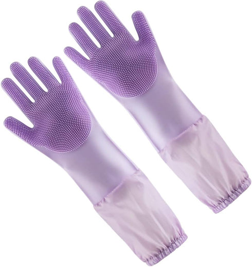 Long Sleeve Silicone Pet Grooming Gloves, Cat Bathing and Dog Massaging Gloves, Pet Hair Removal, Purple