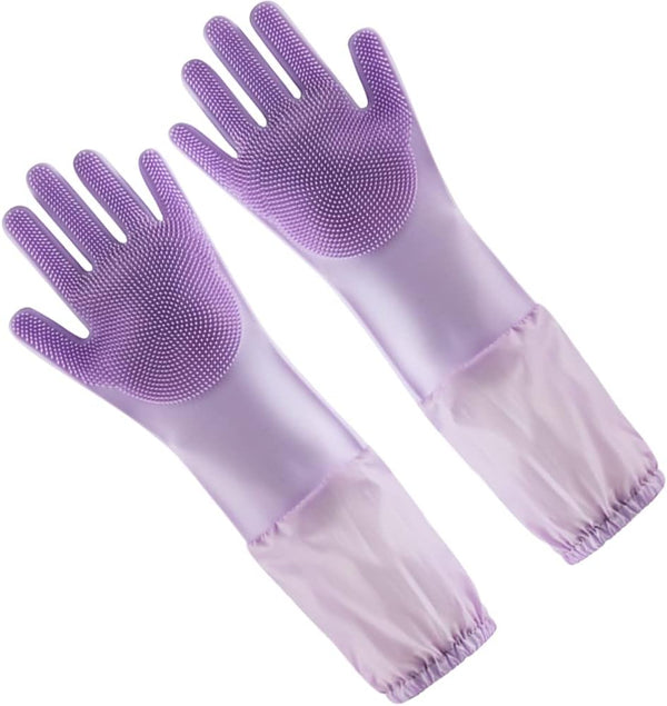Long Sleeve Silicone Pet Grooming Gloves, Cat Bathing and Dog Massaging Gloves, Pet Hair Removal, Purple