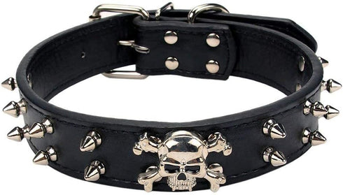 Spiked Leather Dog Collar, 2 Rows Bullet Rivets Studded PU Leather for Medium and Large Dogs (L:17-20", Black)