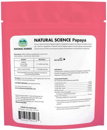 Oxbow Animal Health Papaya Support, High Fiber Digestive Supplement for Rabbit & Guinea Pig, 1.16 oz Bag