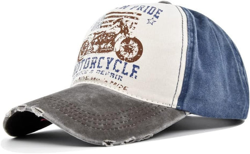 Vintage Washed Denim Baseball Cap, Motorcycle Print Trucker Hat, 100% Cotton Outdoor Sun Hat for Men Women