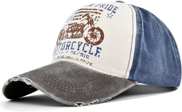 Vintage Washed Denim Baseball Cap, Motorcycle Print Trucker Hat, 100% Cotton Outdoor Sun Hat for Men Women