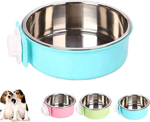 Love Dream Crate Dog Cat Bowls, Removable Stainless Steel Hanging Pet Cage Bowls for Cats, Dogs, Rabbits (Large, Blue)