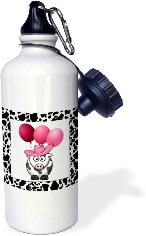 Western Cow Print with Pink Balloons Sports Water Bottle, 21 oz, White by 3dRose