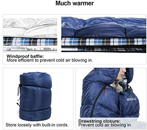 REDCAMP Flannel Sleeping Bag for Adults, Comfortable Cotton with Detachable Hood, Red/Grey/Blue for Camping