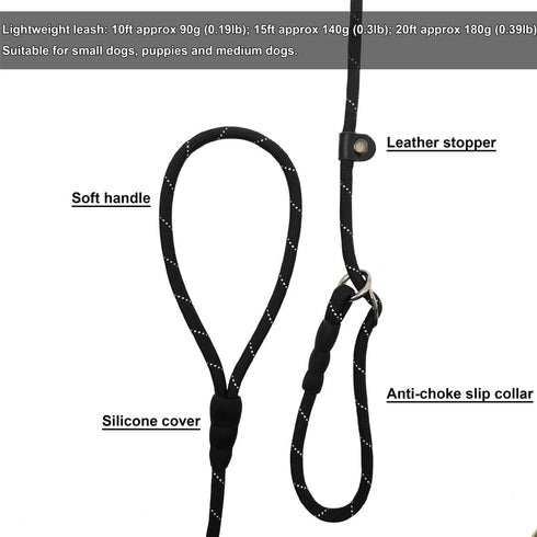 BTINESFUL Anti-Choke Slip Lead Dog Leash, 10FT / 15FT / 20FT Reflective 1/3” Rope Long Training Lead for Small Medium