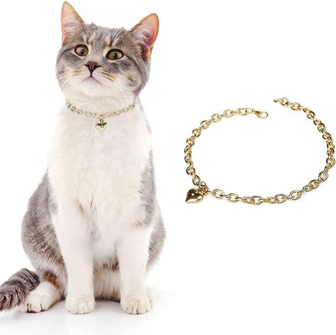 Dog Collar and Cat Chain Necklace, Stainless Steel Adjustable 18K Gold Heart-Shaped Necklace for Small Pets, Gold, 7
