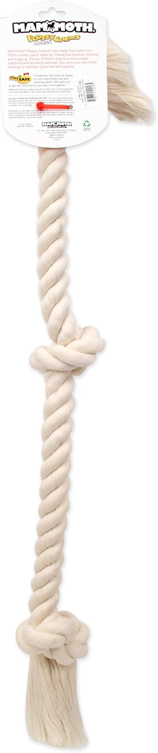Mammoth Flossy Chews 100% Natural Cotton Rope Dog Toys, Premium White Knot Tug Chew Toy for Large to X-Large Dogs -