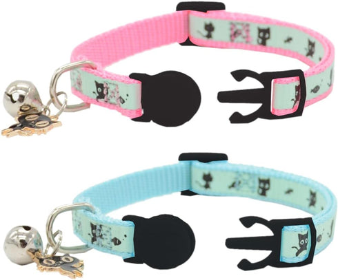 2 Pack Glow in The Dark Cat Collar with Bell, Breakaway Safety Cat Puppy Collars with Pendant Light Blue and Pink