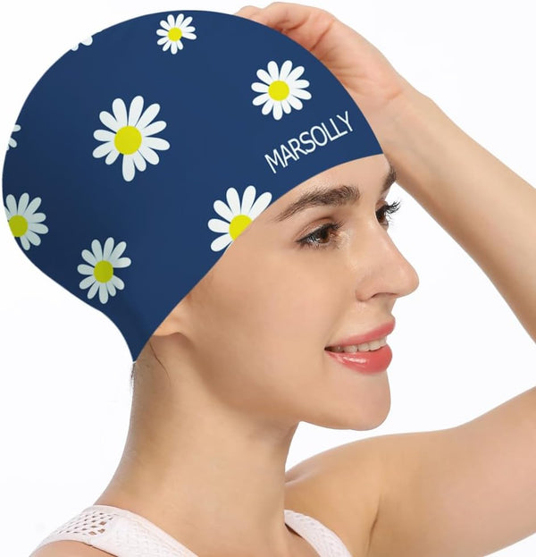 Silicone Swim Cap for Women, Waterproof Long Hair Swimming Cap with Flower Print