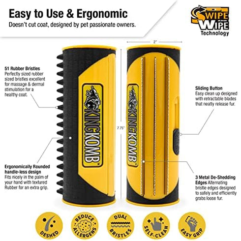 King Kanine Pet Grooming Brush - Self Cleaning Deshedding Tool for Dogs, Cats & Horses