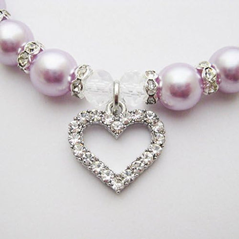 Engraved Crystal Heart Dog Necklace Jewelry with Bling Pearls for Small Dogs - Purple, 10 to 12-Inch
