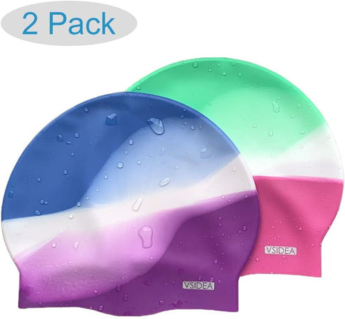 Silicone Swim Caps, 2 Pack Durable Comfortable Adult Swimming Cap for Short Hair and Long Hair