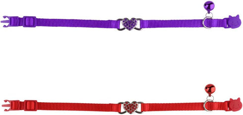 2 Pcs Cat Collars - Heart Bling Breakaway with Bell, Adjustable Nylon for Kitty (Red + Purple)