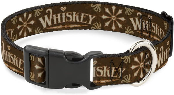 Buckle-Down Pet Collar, Dog Collar with Plastic Buckle, Western Whiskey Heart Repeat, 7 to 8.5 Inches