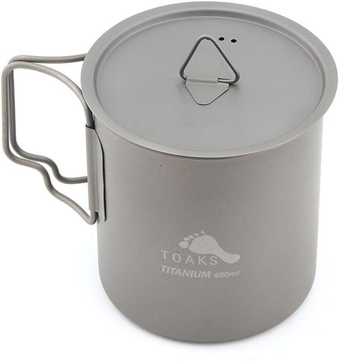 TOAKS Titanium Camping Cup, 450ml with Lid – Compact, Foldable Handle, Rustproof and Durable