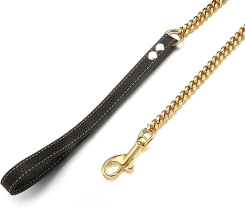 Gold Dog Chain Leash, Stainless Steel Metal Chain, 10mm/14mm Curb Cuban Link, 3FT 4FT 5FT with Genuine Leather Handle