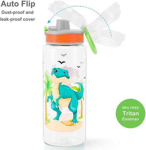 Home Tune 23oz Kids Water Bottle for School Boys, BPA FREE Tritan, Leak Proof Flip Top Lid, Carry Handle - Dinosaur.