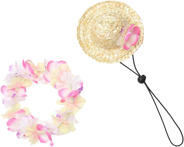 1 Set Mini Straw Hat and Flower Headband for Pets, Cat Floral Headpiece, Hawaiian Dog Hat, Puppy Grooming Accessories