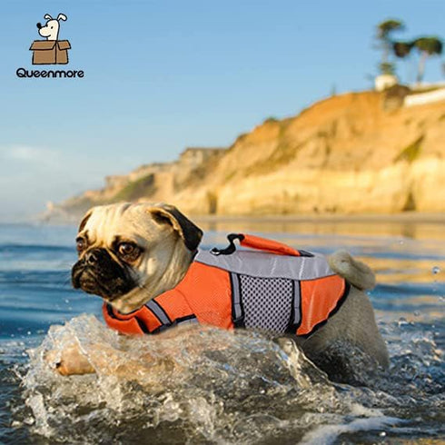 Lightweight Dog Life Jacket Swimming Vest, High Reflective Pet Lifesaver with Lift Handle, Leash Ring - Orange, L