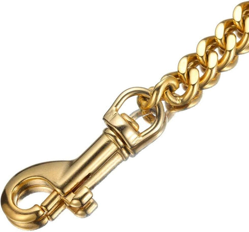 Strong Gold/Silver Dog Chain Leash, 3FT/4FT/5FT, Stainless Steel 12mm Curb Cuban Link with Genuine Leather Handle