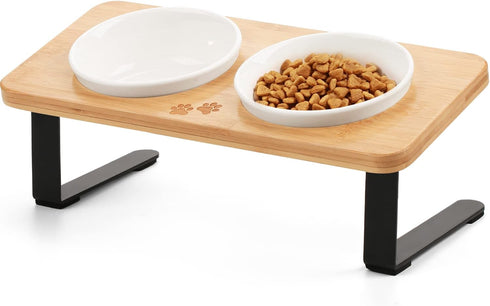 Ceramic Elevated Cat Bowls with Bamboo Stand, 10° Tilted Raised Dishes for Food and Water, Anti Vomiting Pet Bowl Set