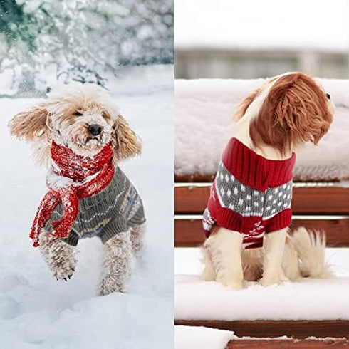 2 Pieces Christmas Cat Dog Sweater - Holiday Sweater for Small Dogs - Warm Reindeer Snowflake Knitwear