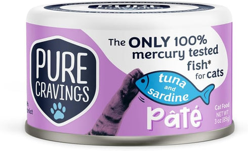 Tuna and Sardine Pate Canned Wet Cat Food, 100% Mercury-Tested, Grain-Free Protein, 12 Pack