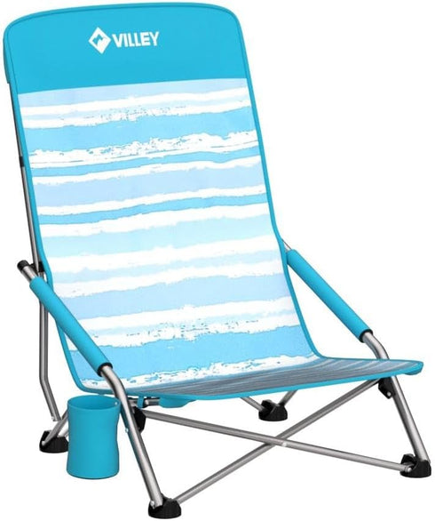 VILLEY Low Beach Chair, High Back Folding Chair for Adults, Lightweight and Portable for Outdoor, Camping, Lawn, Music