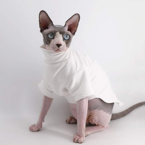 Winter Thick Cotton T-Shirts for Sphynx Cats, Double-Layer Pullover Kitten Shirts with Sleeves, White (M 5.5-7.1 lbs)