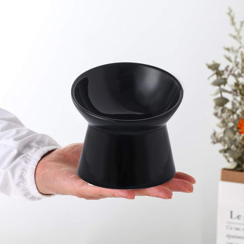 Black Small Ceramic Raised Cat Bowls, Tilted Elevated Food or Water Bowls, Stress Free, Dishwasher & Microwave Safe
