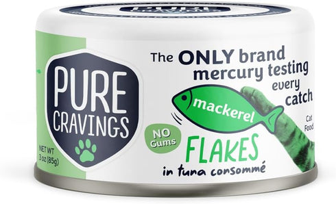 Mackerel Flakes in Tuna Consommé, Canned Wet Cat Food Soup, 100% Mercury-Tested, Grain-Free Protein, Non-GMO, 3oz, Pack