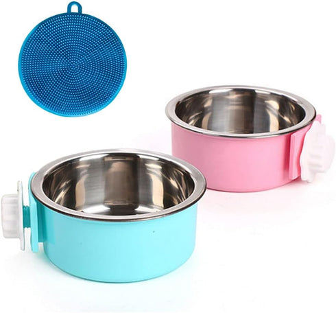 Love Dream Crate Dog Cat Bowls - Removable Stainless Steel Hanging Pet Cage Bowls, Food Water Feeder 2 Pack with Brush