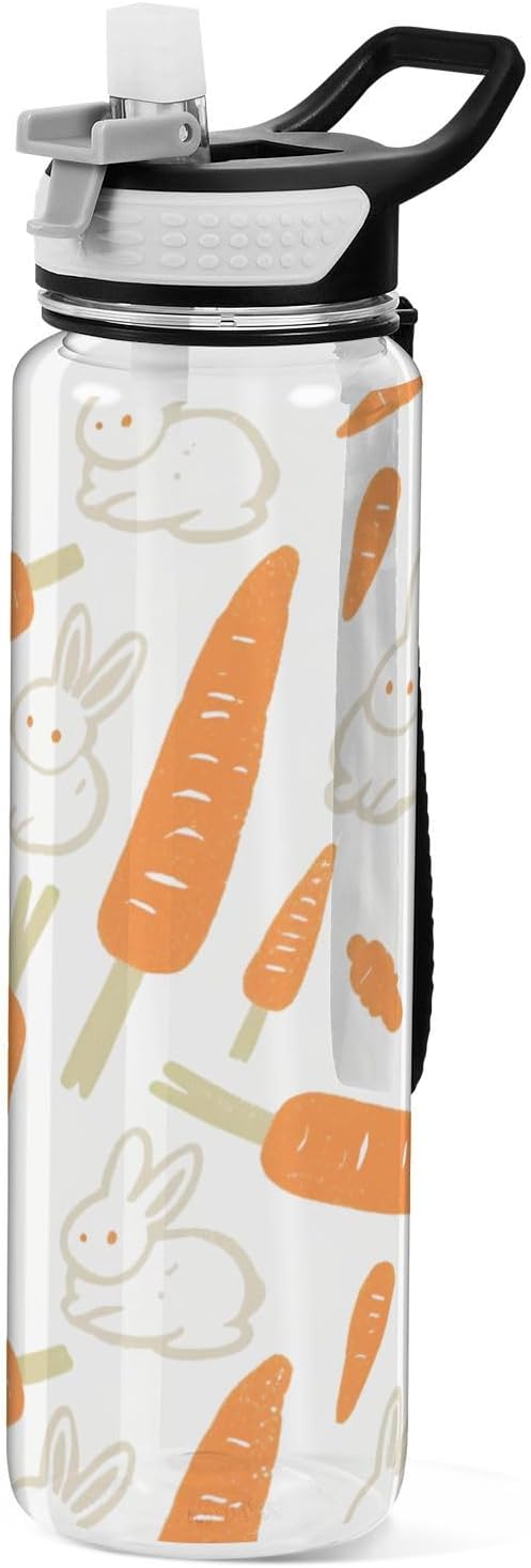 siphylline 30 oz Cartoon Cute White Bunny Carrot Water Bottle for Drinking Tritan